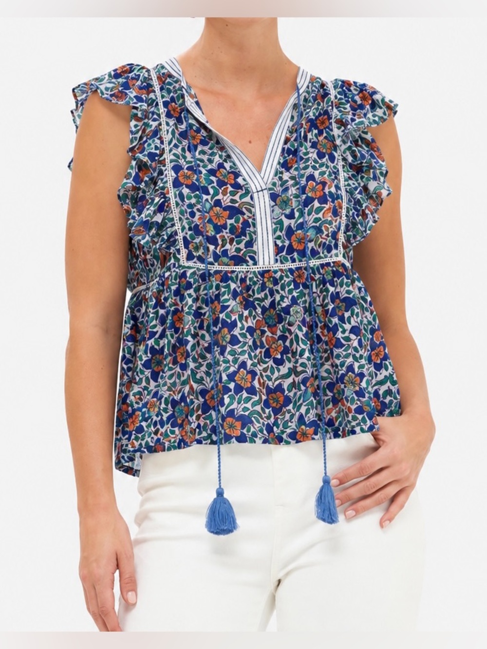 Oliphant Blue and Orange Cotton Floral Ruffle Sleeve Blouse - Size S NWT